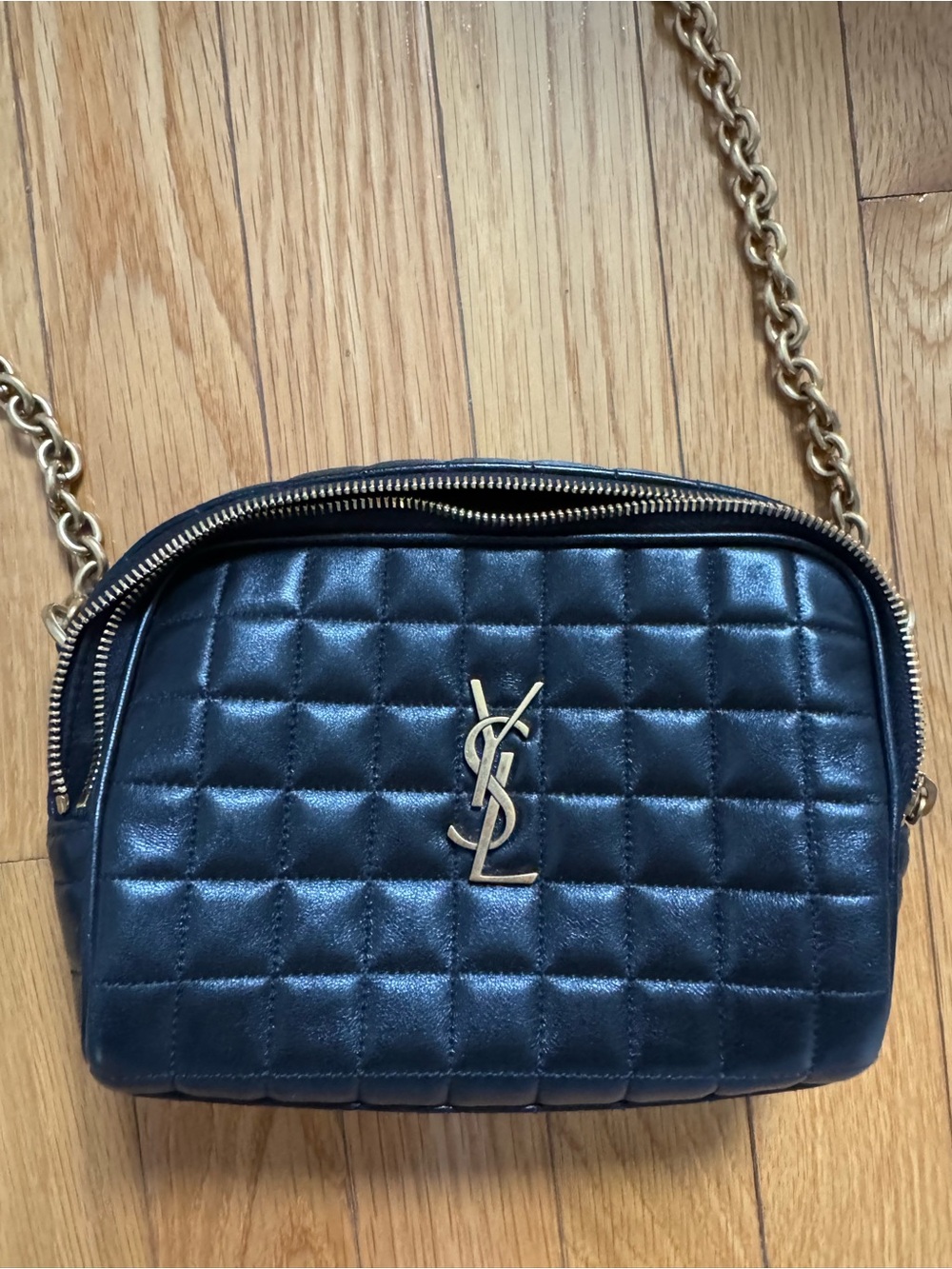Saint Laurent Black Quilted Leather Crossbody with Gold Chain